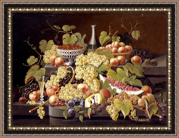 Severin Roesen Still Life with Fruit And Champagne Framed Print