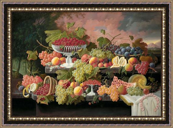 Severin Roesen Two Tiered Still Life with Fruit And Sunset Landscape Framed Print