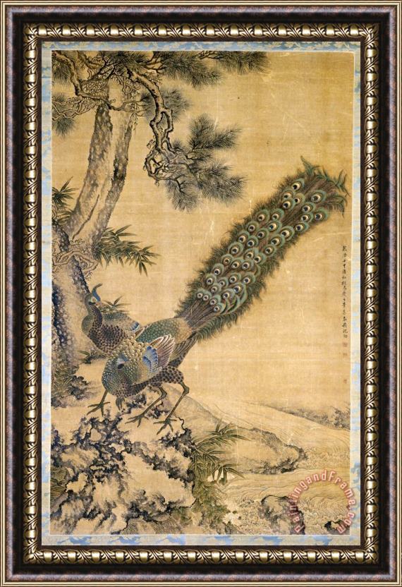 Shen Nanpin Bamboo, Pine And Peacocks Framed Painting