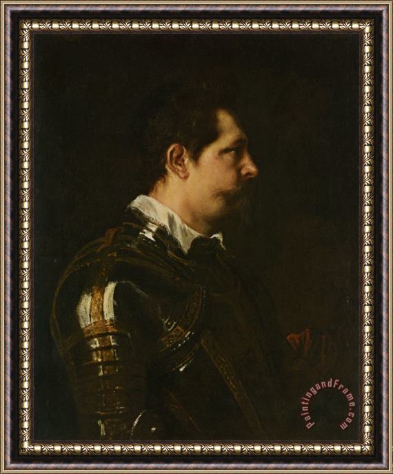 Sir Antony Van Dyck Portrait of a Military Commander Bust Length in Profile in Damascened Armour with White Collar And Red Sash Framed Painting