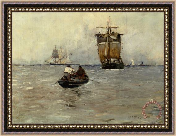 Sir Frank Brangwyn, R.a Shipping Off Fowey Framed Painting