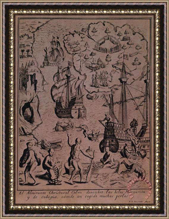 Spanish School Christopher Colombus discovering the islands of Margarita and Cubagua where they found many pearls Framed Print