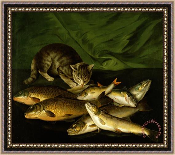Stephen Elmer A Cat with Trout Perch and Carp on a Ledge Framed Painting