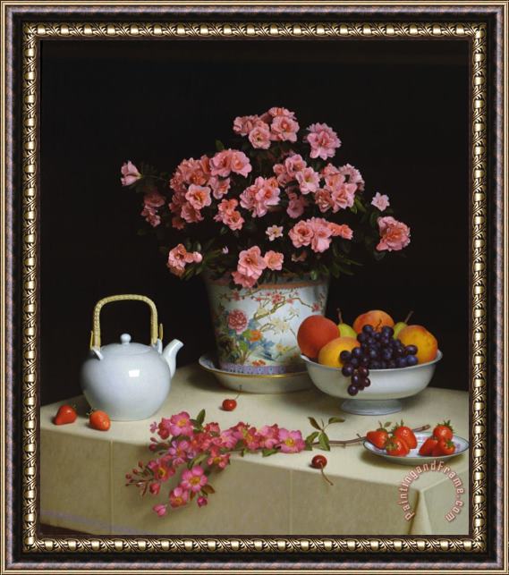 Stephen Gjertson Azaleas in an Oriental Planter Framed Painting