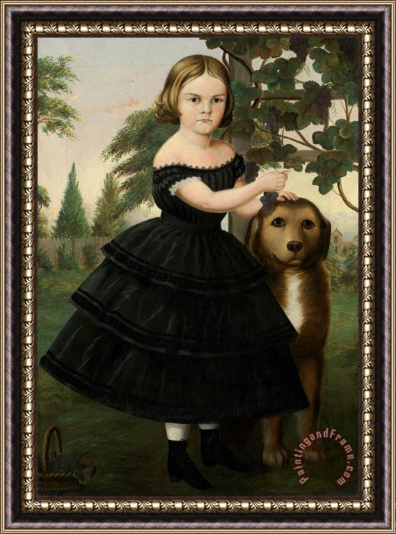 Susan Catherine Waters Portrait of a Girl And Her Dog in a Grape Arbor Framed Painting
