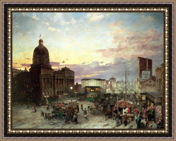 Theodor Groll Washington Street Indianapolis at Dusk Framed Painting