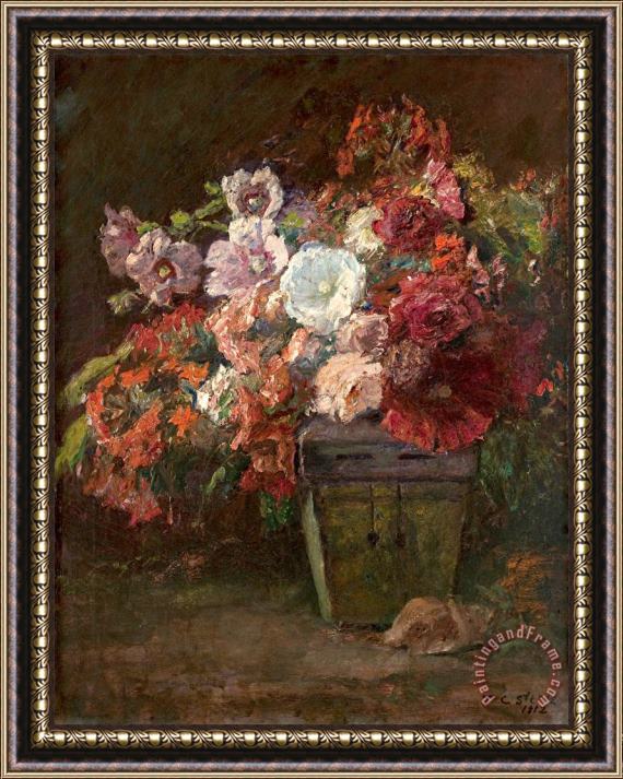 Theodore Clement Steele Hollyhocks (vase of Flowers) Framed Painting