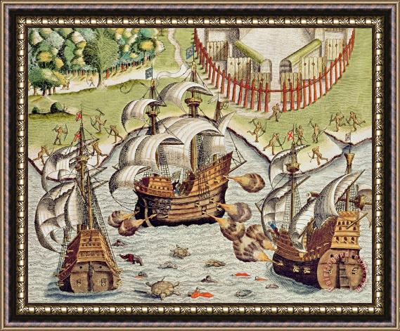 Theodore de Bry Naval Battle between the Portuguese and French in the Seas off the Potiguaran Territories Framed Painting