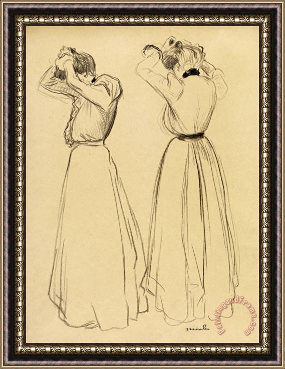 Theophile Alexandre Steinlen Two Studies of Women Doing Their Hair Framed Painting