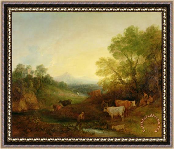 Thomas Gainsborough A Landscape with Cattle and Figures by a Stream and a Distant Bridge Framed Print