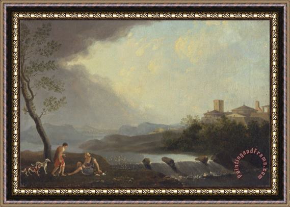 Thomas Jones An Imaginary Italianate Landscape with Classical Figures And a Waterfall Framed Print