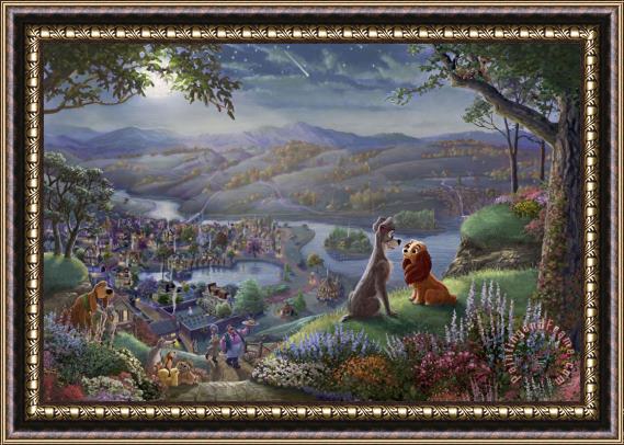 Thomas Kinkade Disney Lady And The Tramp Falling in Love Framed Painting
