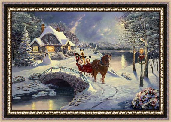 Thomas Kinkade Mickey And Minnie Evening Sleigh Ride Framed Painting