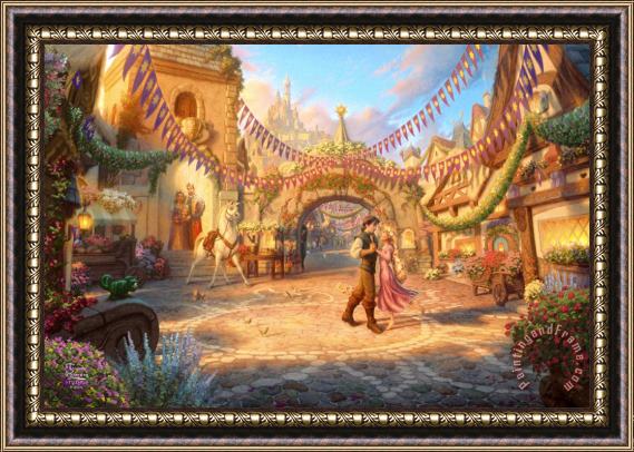Thomas Kinkade Rapunzel Dancing in The Sunlit Courtyard Framed Print