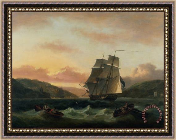 Thomas Luny  A Brigantine in Full Sail in Dartmouth Harbour Framed Painting
