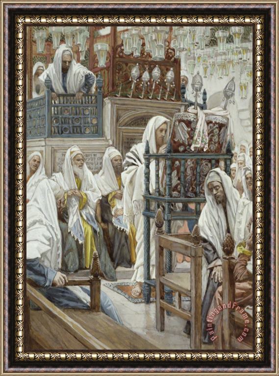 Tissot Jesus Unrolls the Book in the Synagogue Framed Painting
