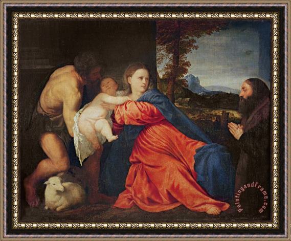 Titian Virgin and Infant with Saint John the Baptist and Donor Framed Painting