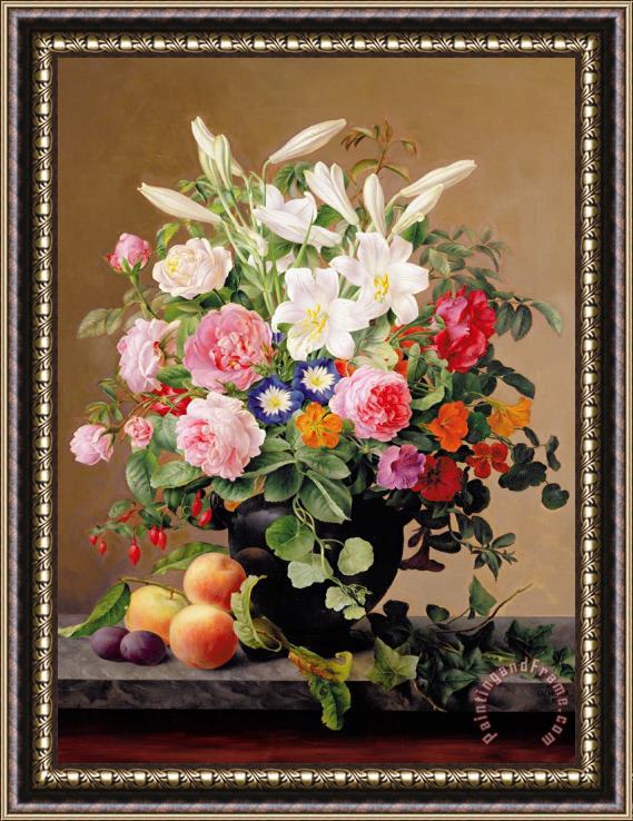 V. Hoier Still Life With Flowers And Fruit Framed Painting