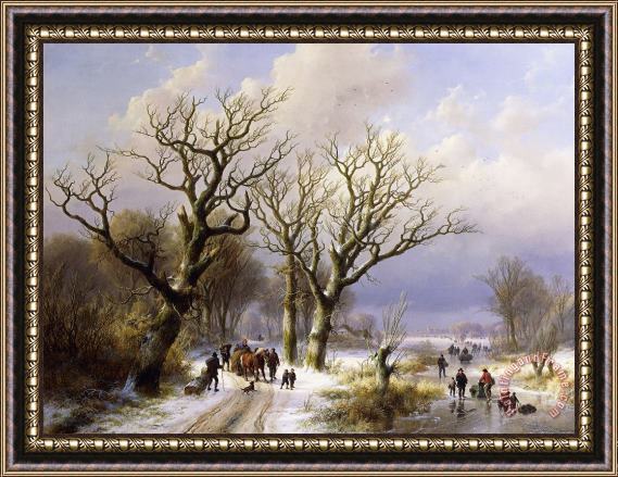 Verboeckhoven and Klombeck A Wooded Winter Landscape With Figures Framed Painting