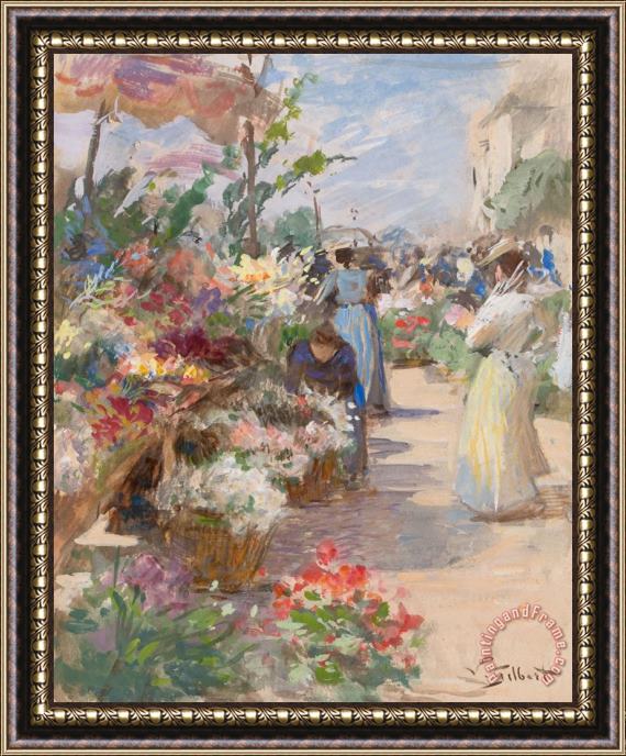 Victor Gabriel Gilbert The Flower Market Framed Painting