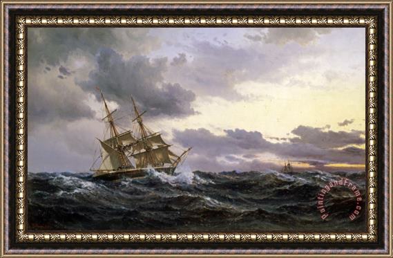 Vilhelm Melbye Sailing Vessels in a Stormy Sea Framed Painting