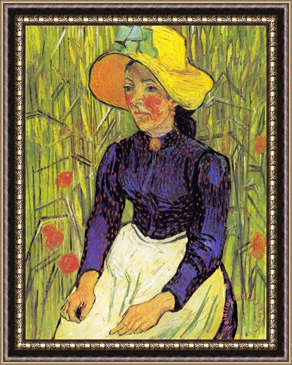 Vincent van Gogh Young Peasant Woman with Straw Hat Sitting in Front of a Wheat Field Framed Print
