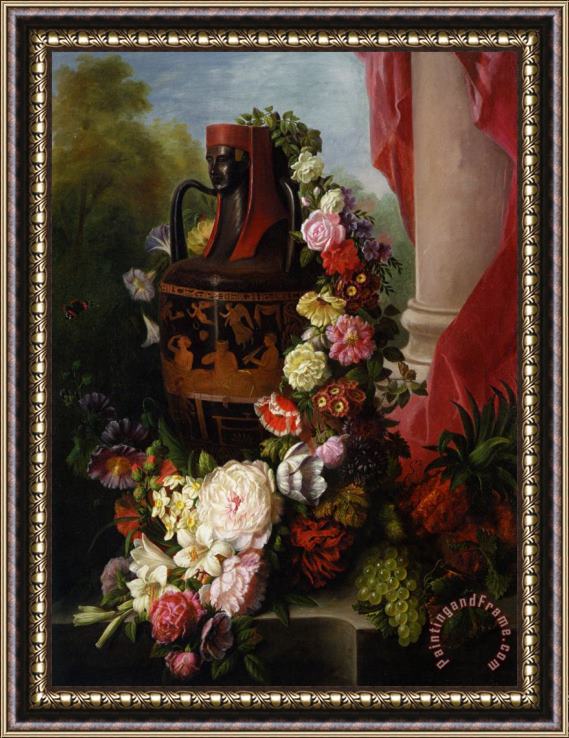 Virginie De Sartorius A Greek Urn with Garland of Roses Framed Painting