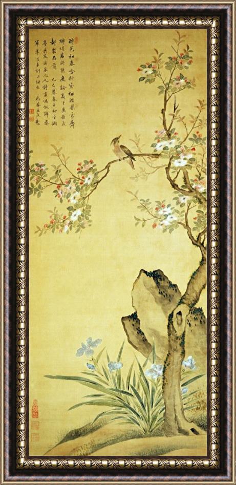 Wang Wu A Bird Standing on a Peach Blossom Tree Framed Painting