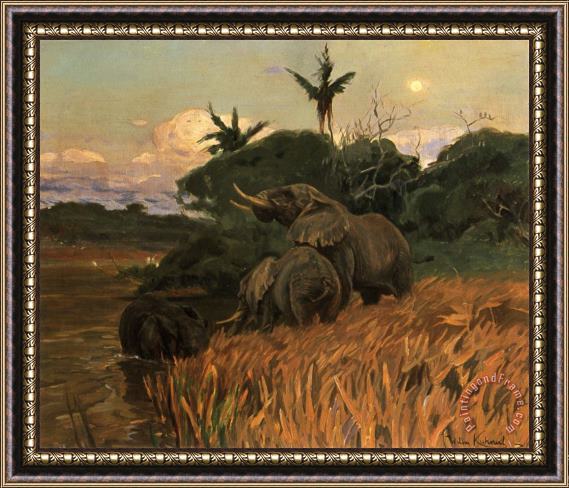 Wilhelm Kuhnert A Herd of Elephants by Moonlight Framed Print