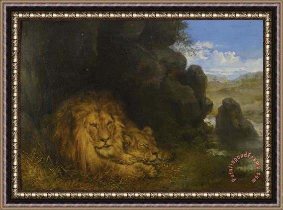 Wilhelm Kuhnert Lions in a Cave Framed Painting