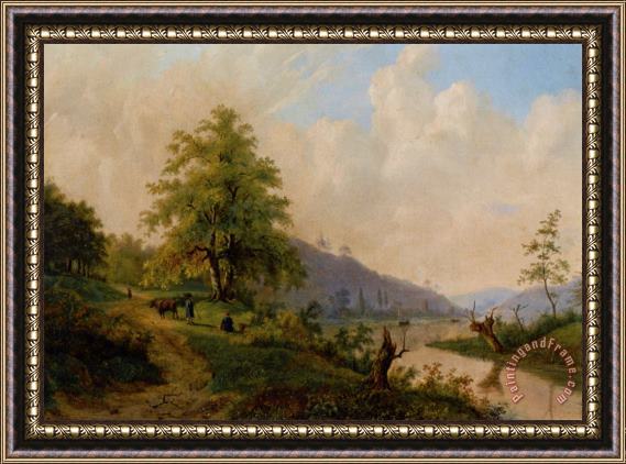 Willem Bodemann Figures in a River Landscape Framed Painting