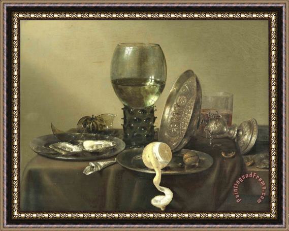 Willem Claesz Heda Still Life with Oysters, a Rummer, a Lemon And a Silver Bowl Framed Print
