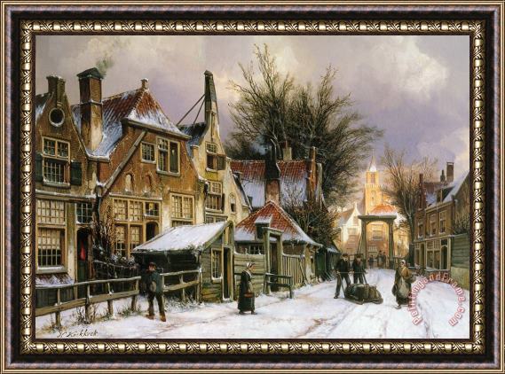 Willem Koekkoek A Townview with Figures on a Snow Covered Street Framed Painting