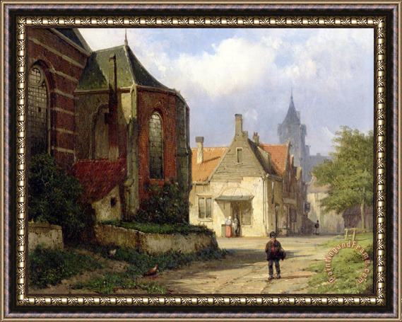 Willem Koekkoek Figure before a Redbrick Church in a Dutch Town Framed Painting
