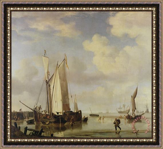 Willem van de Velde Dutch Vessels Inshore and Men Bathing Framed Painting