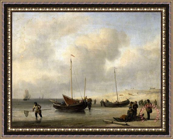 Willem van de Velde Fishing Boats on Shore (the Shore, Unloading a Fishing Smack) Framed Painting