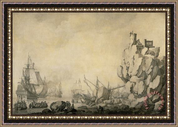 Willem van de Velde Ships And Militia by a Rocky Shore Framed Painting