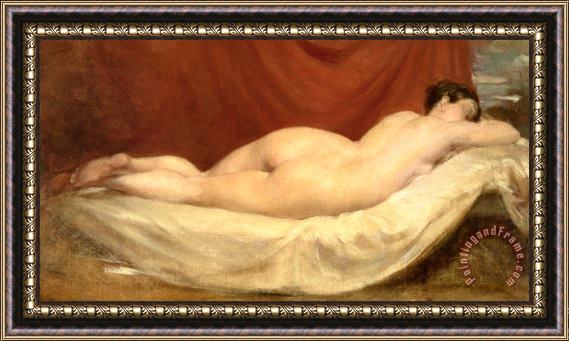 William Etty Nude Lying On A Sofa Against A Red Curtain Framed Print