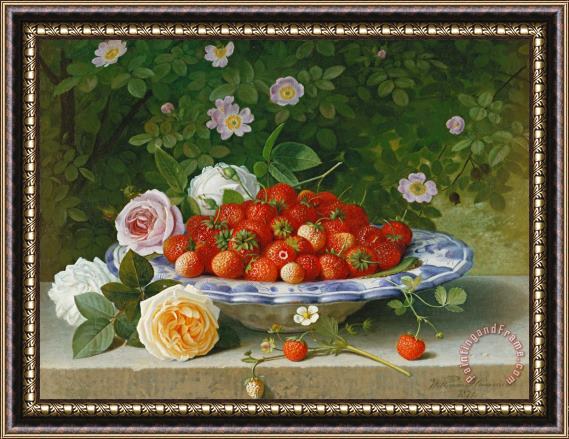 William Hammer Strawberries In A Blue And White Buckelteller With Roses And Sweet Briar On A Ledge Framed Painting