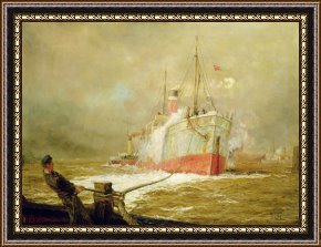 Lionel Walden Framed Paintings - Docking a Cargo Ship by William Lionel Wyllie