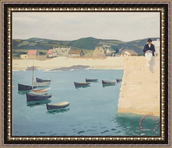 William Strang Boy Reading on a Harbour's Edge Framed Print