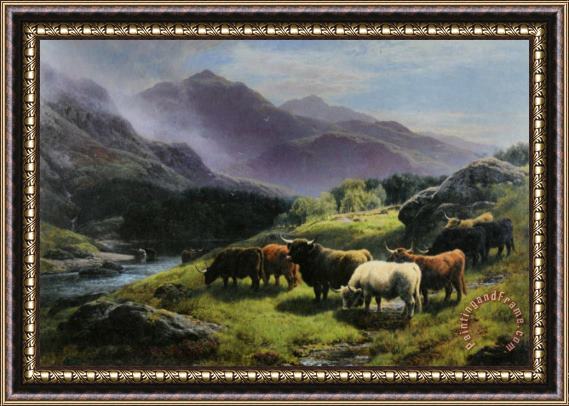 William Watson Highland Cattle Grazing by a Mountain Stream Framed Print