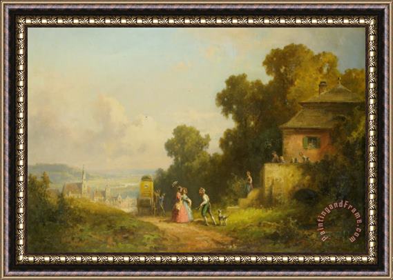 Willy Moralt Figures And a Carriage on a Path with a Village Beyond Framed Painting