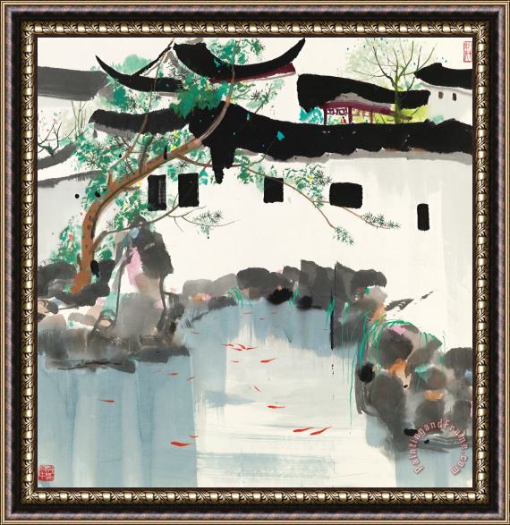 Wu Guanzhong Fishes in The Suzhou Garden Framed Painting