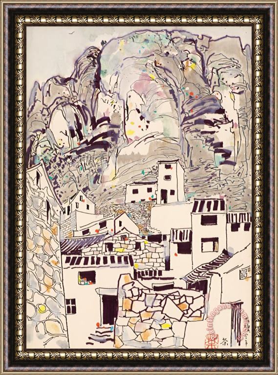 Wu Guanzhong Households at The Foot of The Shitang Mountain Framed Painting