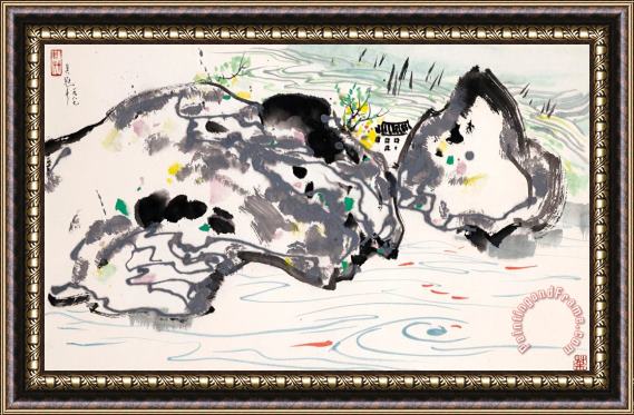 Wu Guanzhong Mountain Village Fish Pond Framed Painting