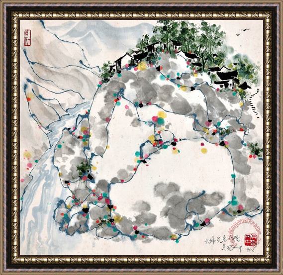 Wu Guanzhong Mountain Village Framed Painting