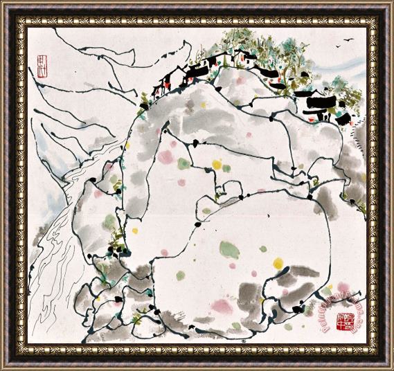 Wu Guanzhong Mountain Village Framed Painting