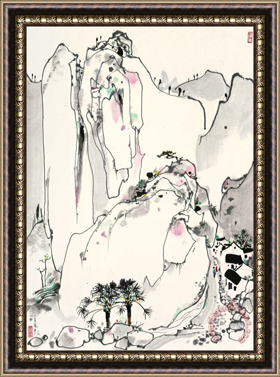 Wu Guanzhong Placid Mountain Village, 1987 Framed Painting