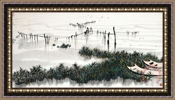 Wu Guanzhong Quiet Lake And Boats Framed Print